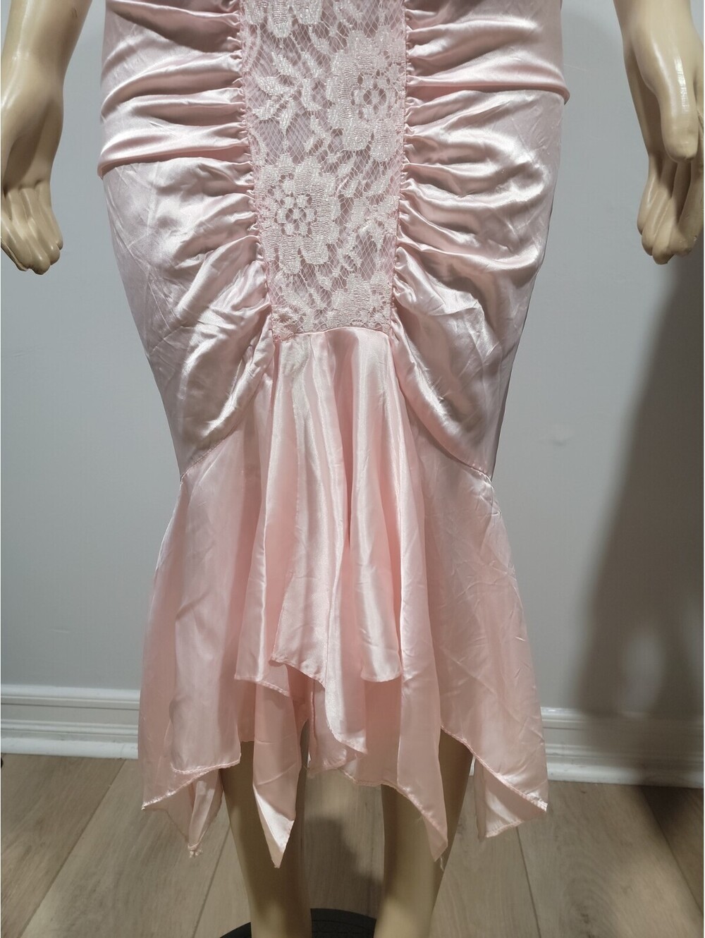 DIAMOND'S RUNS Vtg Ruched Ruffle Satin/lace 9-10 Dress Victorian Pink #04 - Picture 10 of 15
